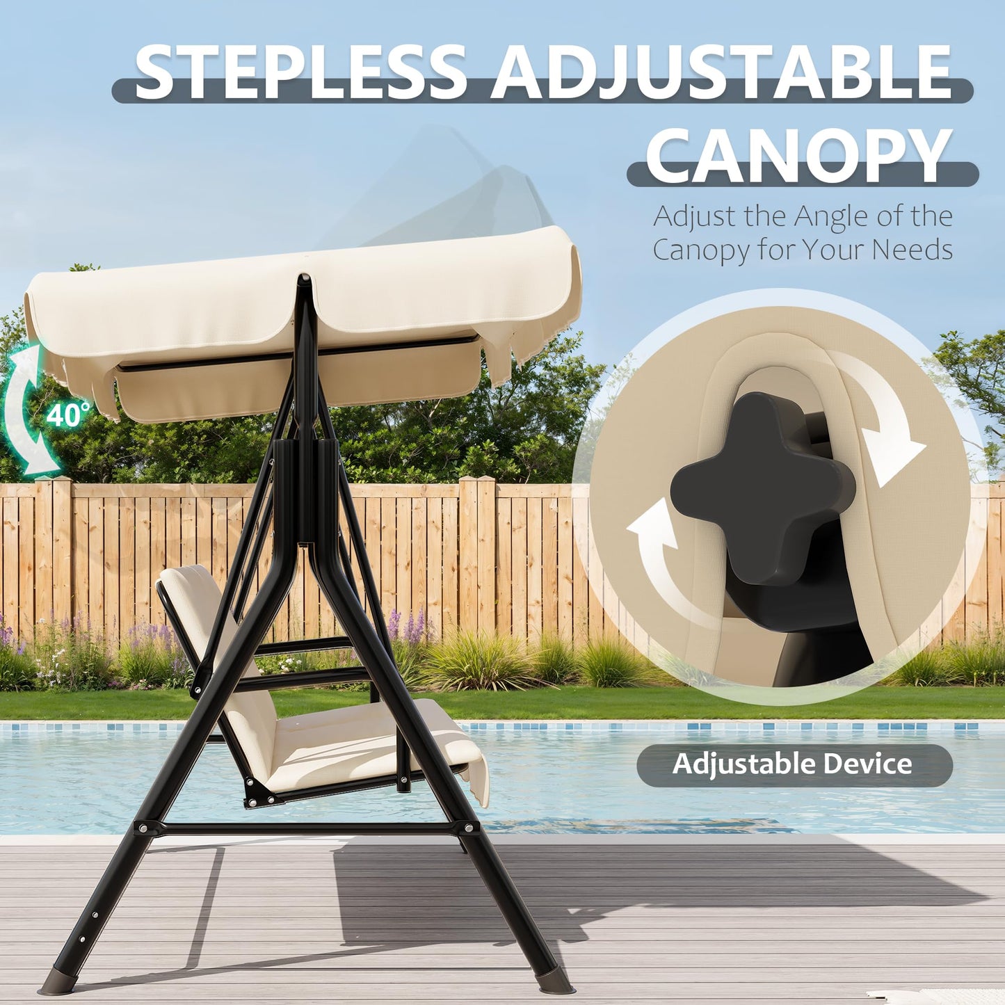 Garvee Outdoor Porch Swing with Adjustable Canopy, 3-Seat Patio Swing Chair with Stand, Heavy Duty Outdoor Swing for Adults, Metal Frame Patio Swing for Garden, Backyard & Poolside,Khika