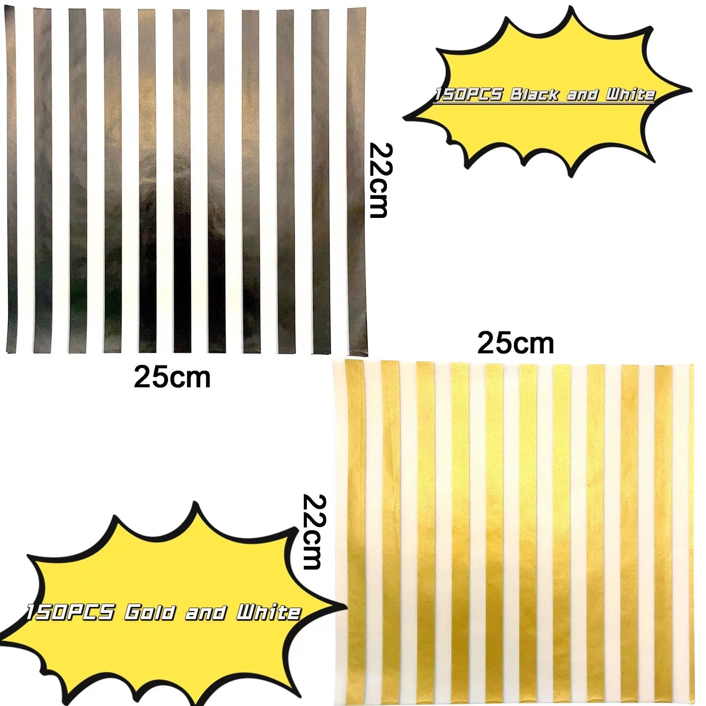 Suiwen 150 Gold and White, Black and White Striped Wax Paper, Food Picnic Paper, Greaseproof Paper,Waterproof Dry Hamburger Paper Liners Wrapping Tissue for Plastic Food Basket(Gold/Black/White)