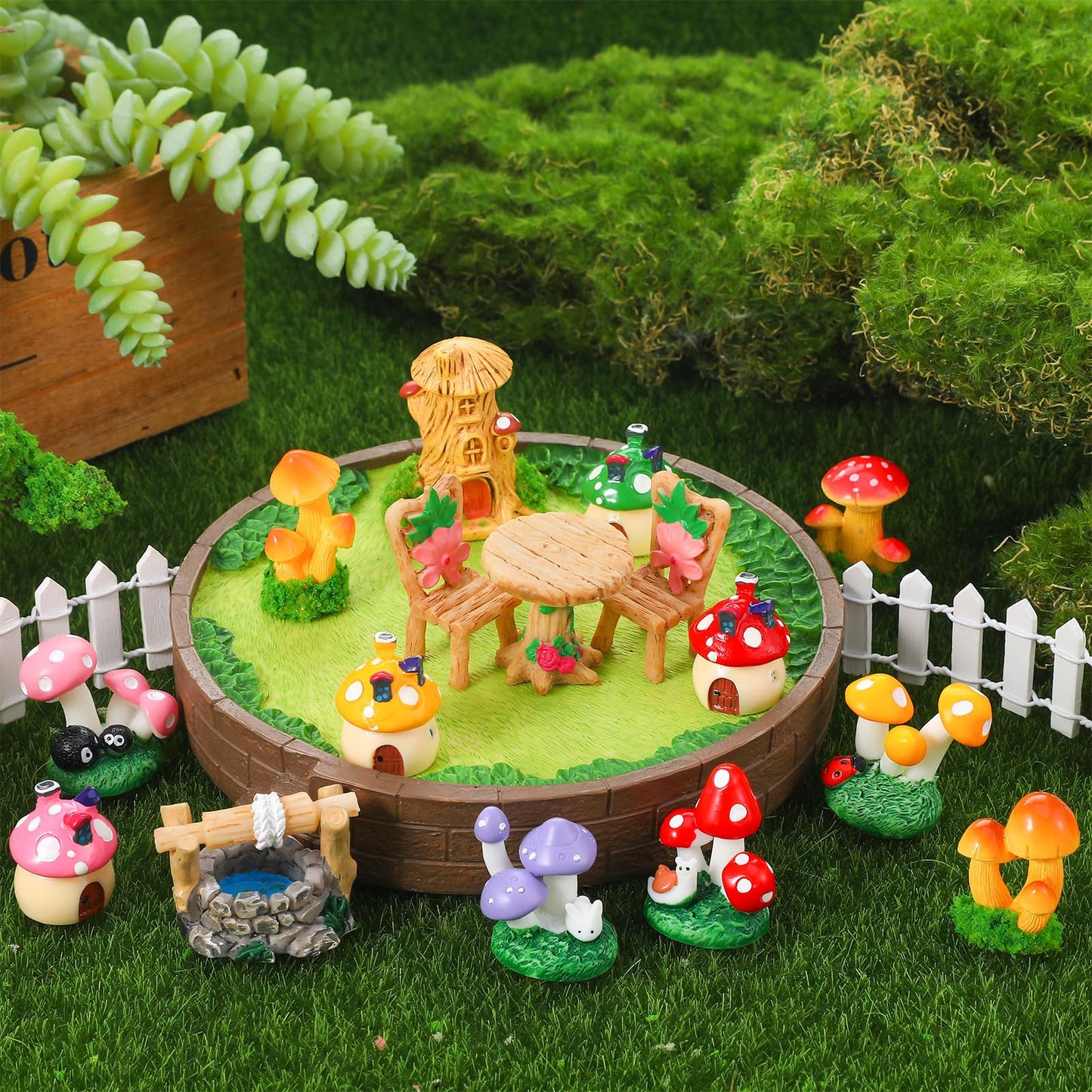 GGSTDDUP 32 Pcs Fairy Garden Accessories Mini Fairy Figures Miniature Table and Chairs Bridge Mushroom Lighthouse Water Well Pond Landscape Ornaments Kit for DIY Garden Potted Desk Decor