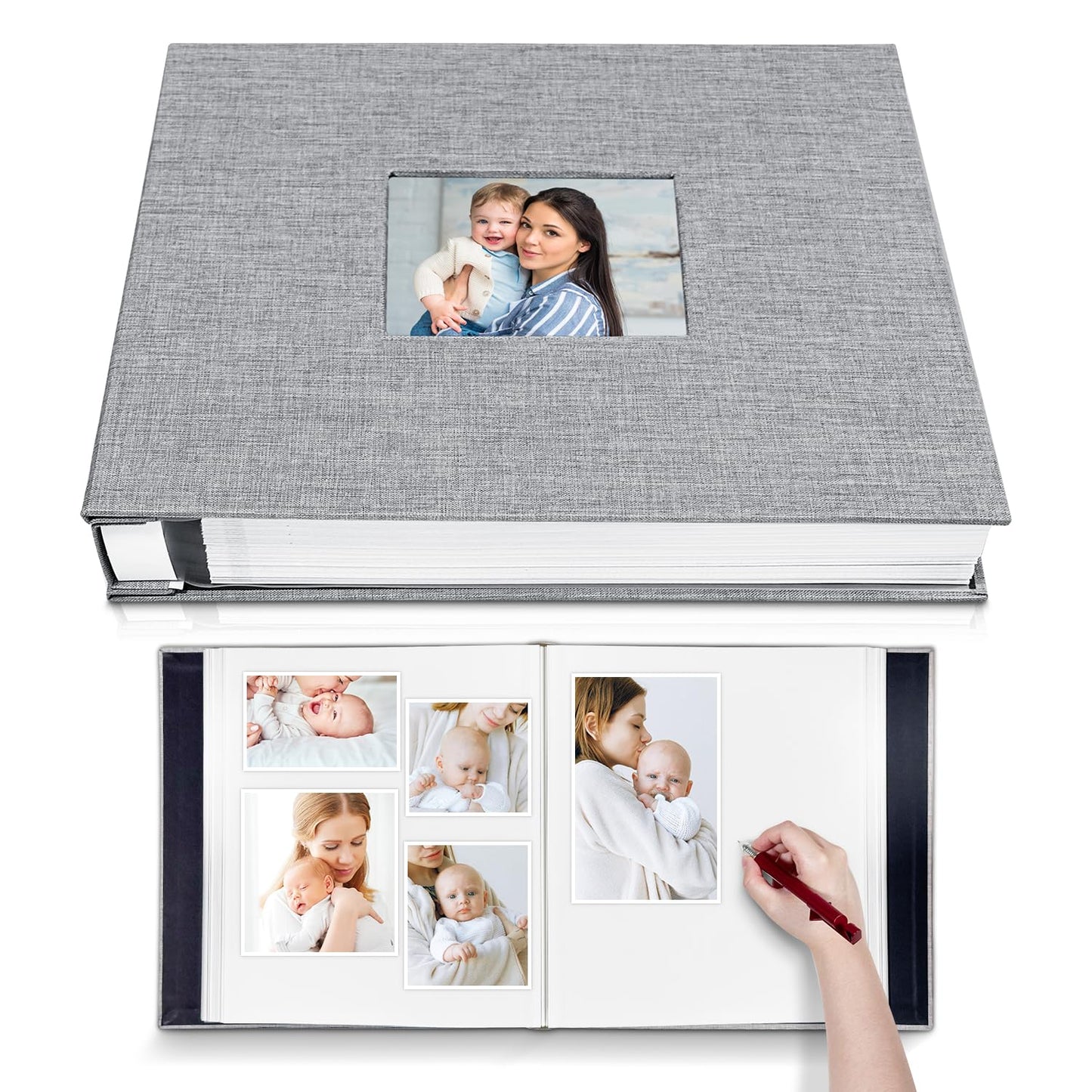 HoneyTolly Large Photo Album Self Adhesive with Picture Display Window, DIY Scrapbook Album for 4x6 8x10 Pictures, 40 Pages Linen Cover Memory Book with Scraper and Metallic Pen(Grey)