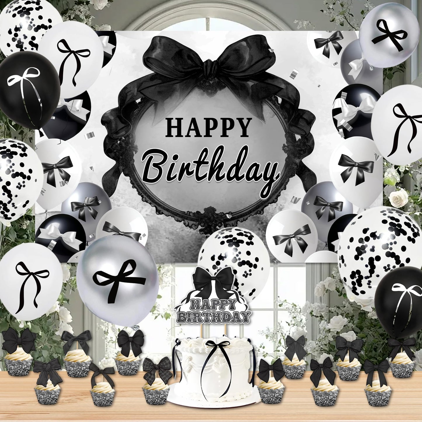 Black Bow Birthday Party Decorations Set - Cute Backdrop Banner, Hanging Banners, Balloons, Cake & Cupcake Toppers, Princess Theme Party Supplies Kit for Girls, Kids, Baby Shower
