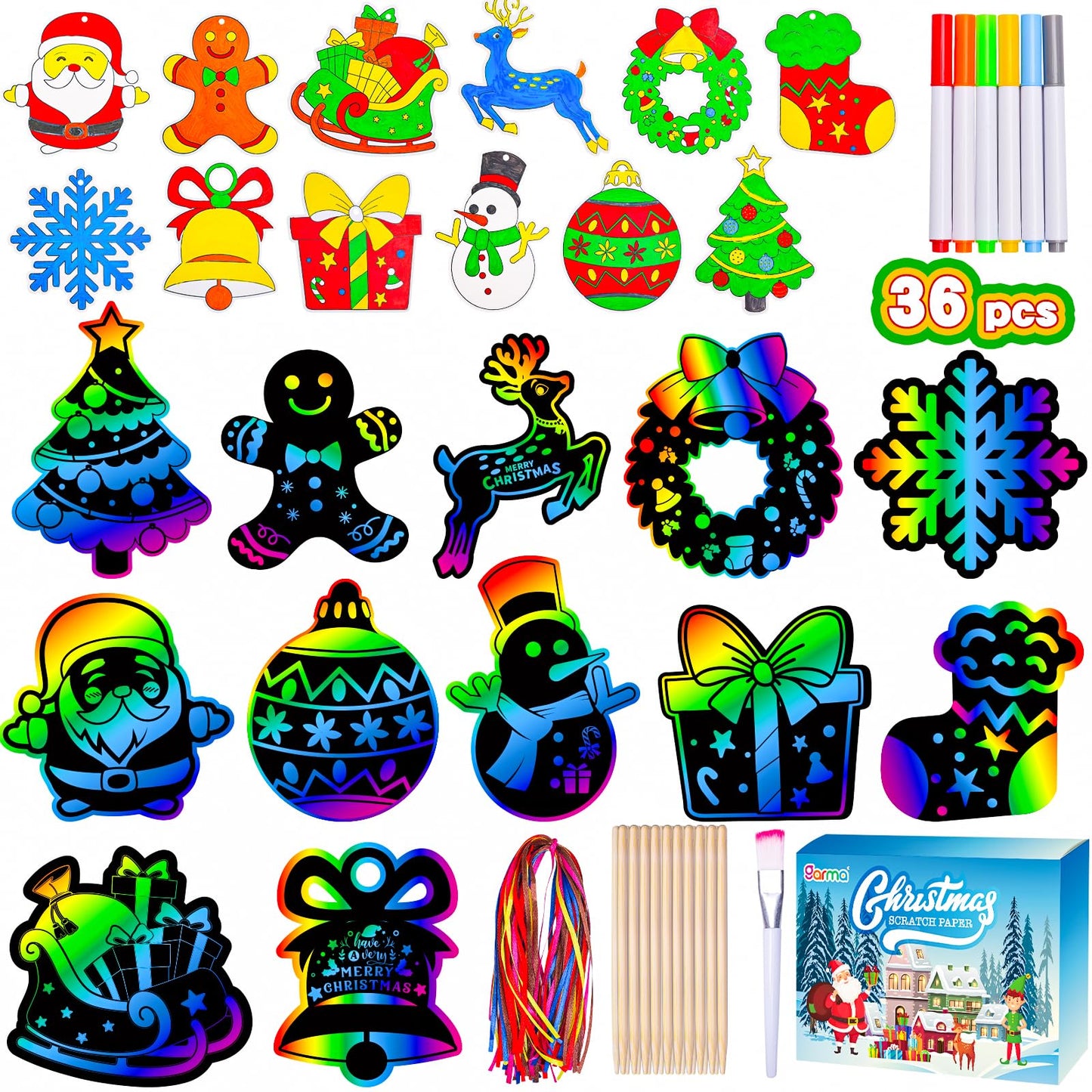 Garma 72Pcs Christmas Crafts Scratch Art for Kids, Rainbow Scratch Paper Christmas Ornaments Crafts Christmas Party Favors Toys Xmas Tree Ornaments Hanging Craft Art Kits