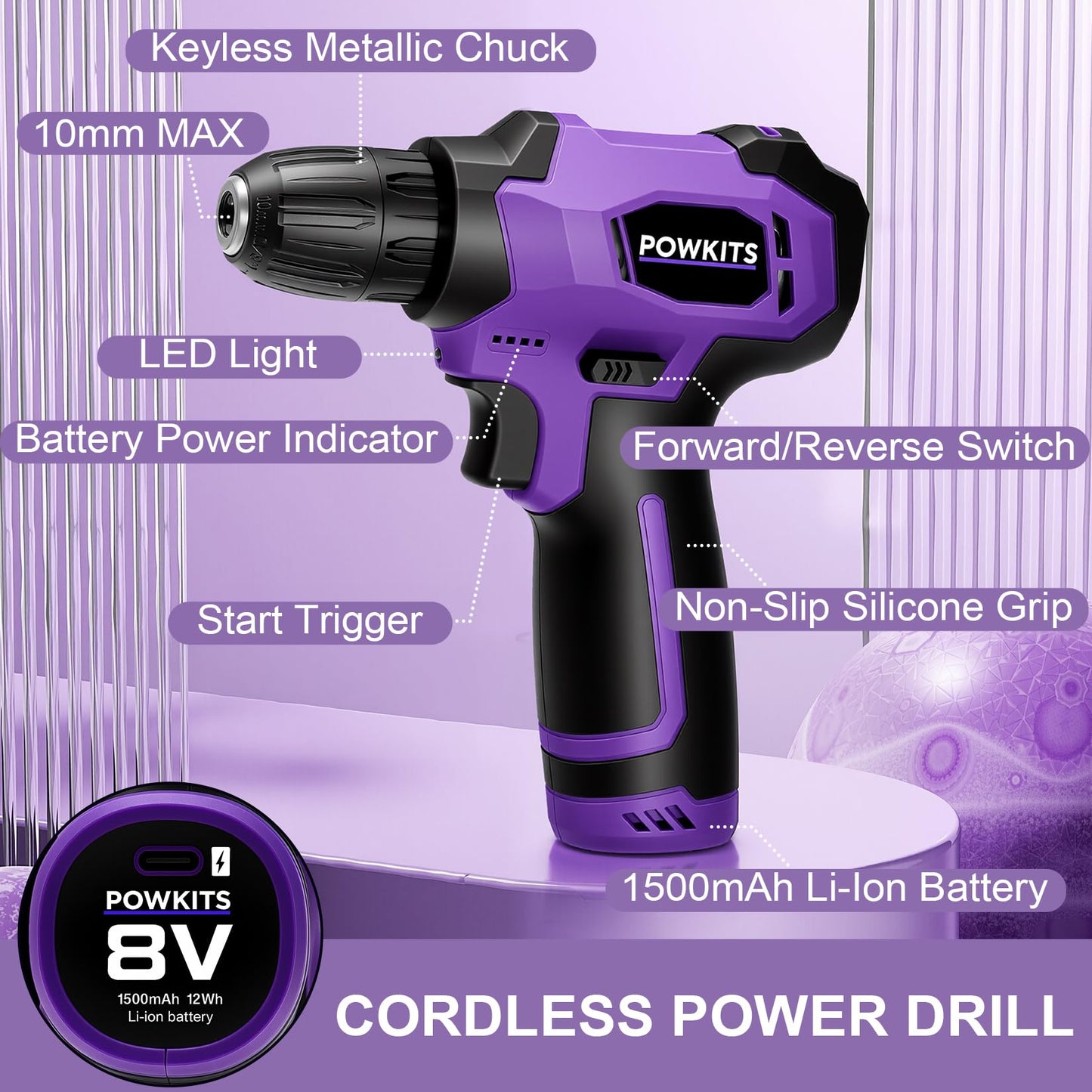 8V Cordless Drill Set, Built-in LED, Rechargeable Purple Power Drill with Drill & Screw Bits, 139-Piece Tool Set for Women & Men, Portable Tool Kit for Home Repairs, DIY Projects