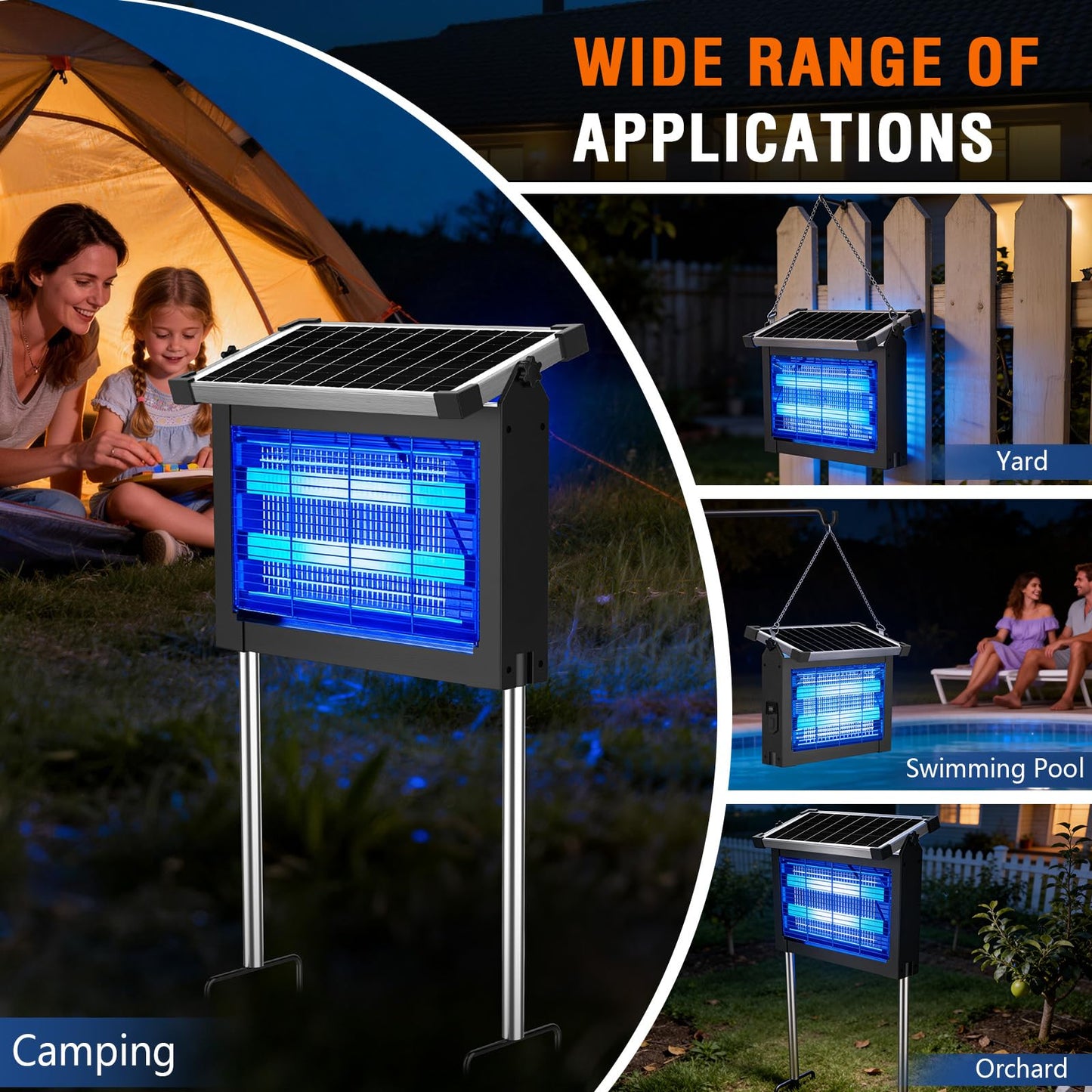 Solar Bug Zapper Outdoor Waterproof, 4500V Rechargeable Mosquito Zapper with Solar Panel Sensor, Auto ON/Off, 10ft Extension Cord & Solar Powered Bug Zapper, Cordless Insect Zap for Patio Yard Garden