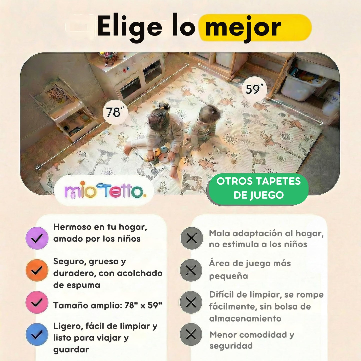 Miotetto Foldable Baby Play Mat – 78"x59" Non-Toxic, Reversible, Waterproof, Portable Baby Mat for Floor, Foam mat for Easy Storage & Travel, Large playmat for Kids, Floor mat for Any Playroom