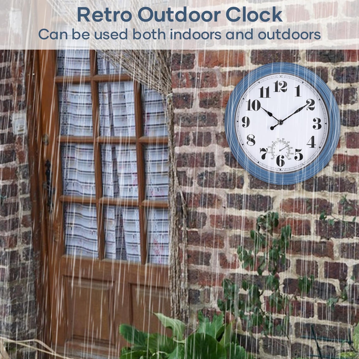 Aurowit Outdoor Clock Waterproof 14 Inch Outdoor Clocks with Thermometer Combo Wall Clock Battery Operated Non-Ticking Blue Clocks for Patio Pool