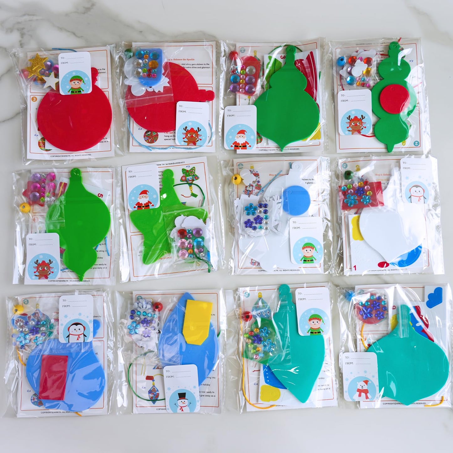Winlyn 24 Sets 12 Designs Christmas Craft Kits Winter Crafts DIY Holiday Bauble Ornaments Tree Decorations Sets Festive Foam Stickers Arts and Crafts for Kids Party Favors Home Classroom Activities