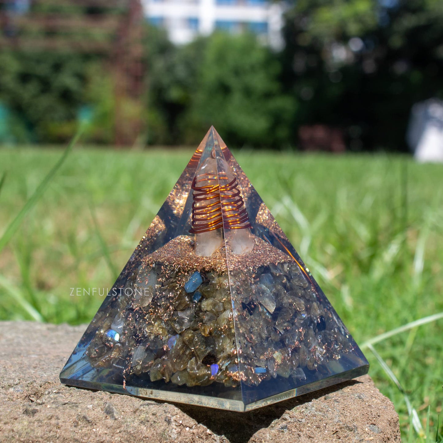 Labradorite Orgone Pyramid for Confidence & Self-Empowerment | Orgonite pyramids with Copper Coil and Crystal Quartz for Chakra Protection