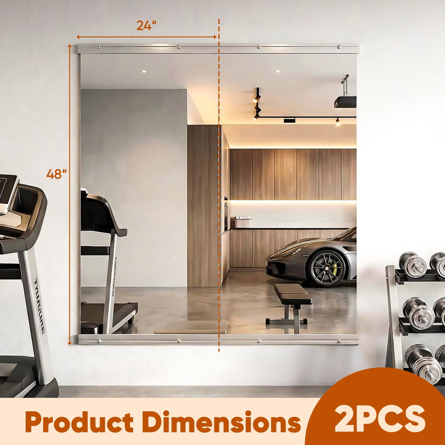 Novlux Home Gym Mirror, 48" x 24" - 2PCS, Large Full Length Mirror Wall Mounted for Yoga, Frameless Tempered Glass Wall Mirrors for Home Gym, Dance Studio, Living Room, Bathroom