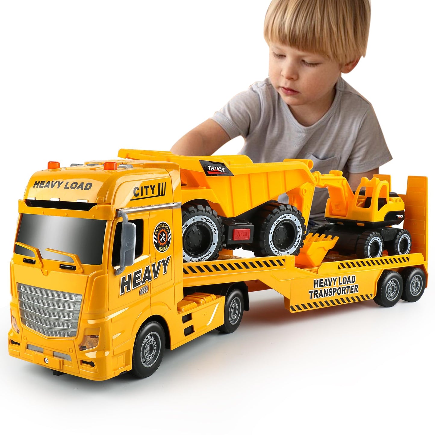 Dwi Dowellin Construction Carrier Truck Kids Toys,25.6" Semi-Trailer Toy with Excavator and Dump Truck,Gifts for Age 3 4 5 6+ Years Old Boys Girls
