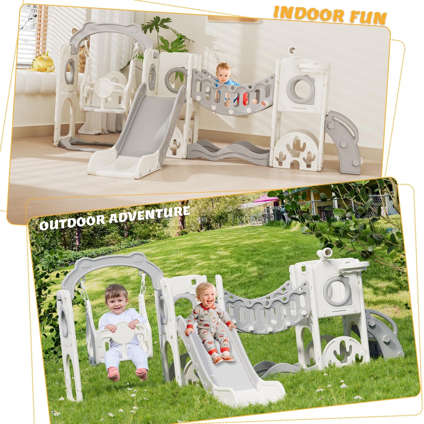 67i Toddler Indoor Playground Slide and Swing Set with Climbing Arch, Golf, Basketball - Outdoor Playset for Toddlers 1-3, Kids Activity Center (White Gray, with Swing)