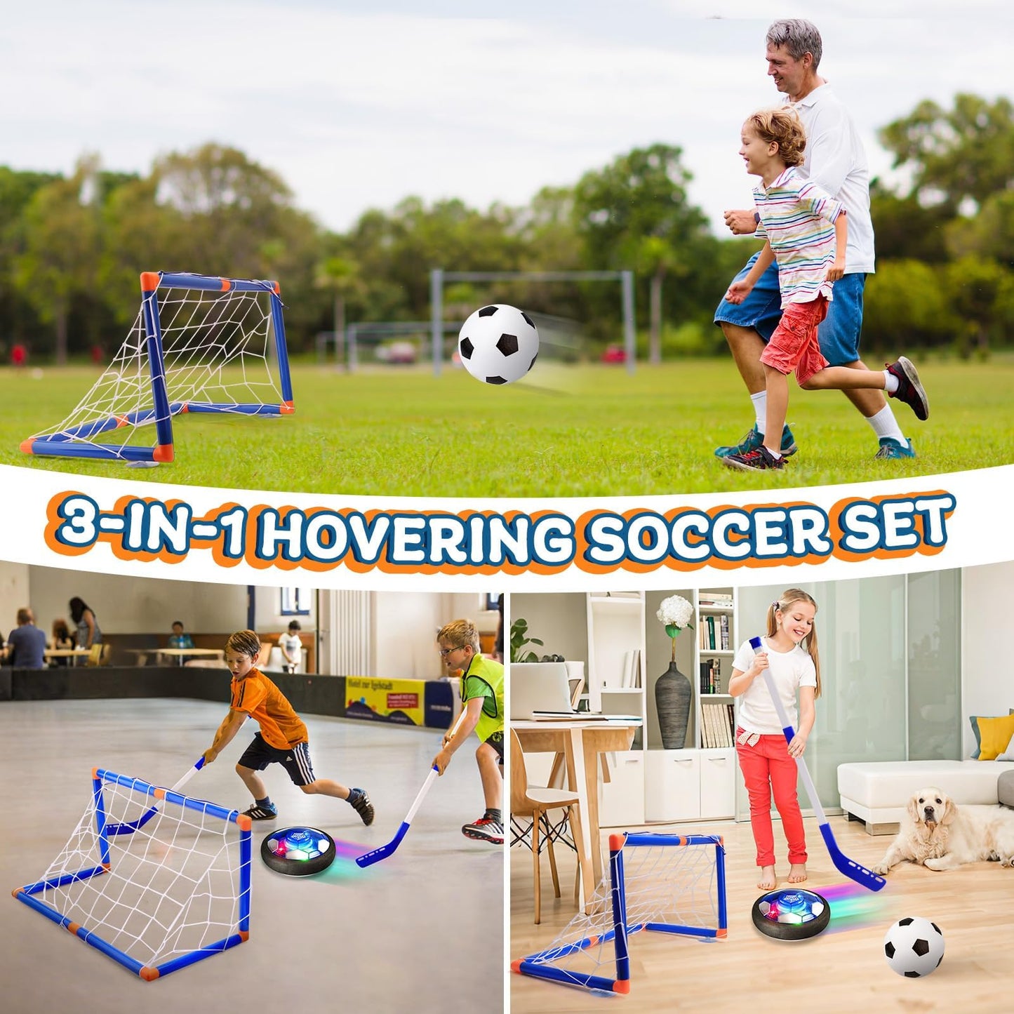 Nazano 3-in-1 Hover Soccer Ball Set for Kids, Gift for Boys 3-5 6-8, Hover Soccer Ball for Kids, LED Lights Indoor Outdoor Birthday Christmas Hockey Gifts for Boys