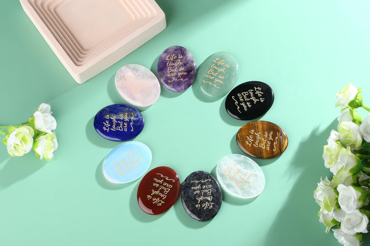 NUKAYAI Inspirational Gifts Worry Stone Rose Quartz Crystals Healing Stones Tiny Palm Natural Mental Health Stress Relief Depression Gemstones Reiki Fidget Trinket Anxiety Relief Items for Women Men