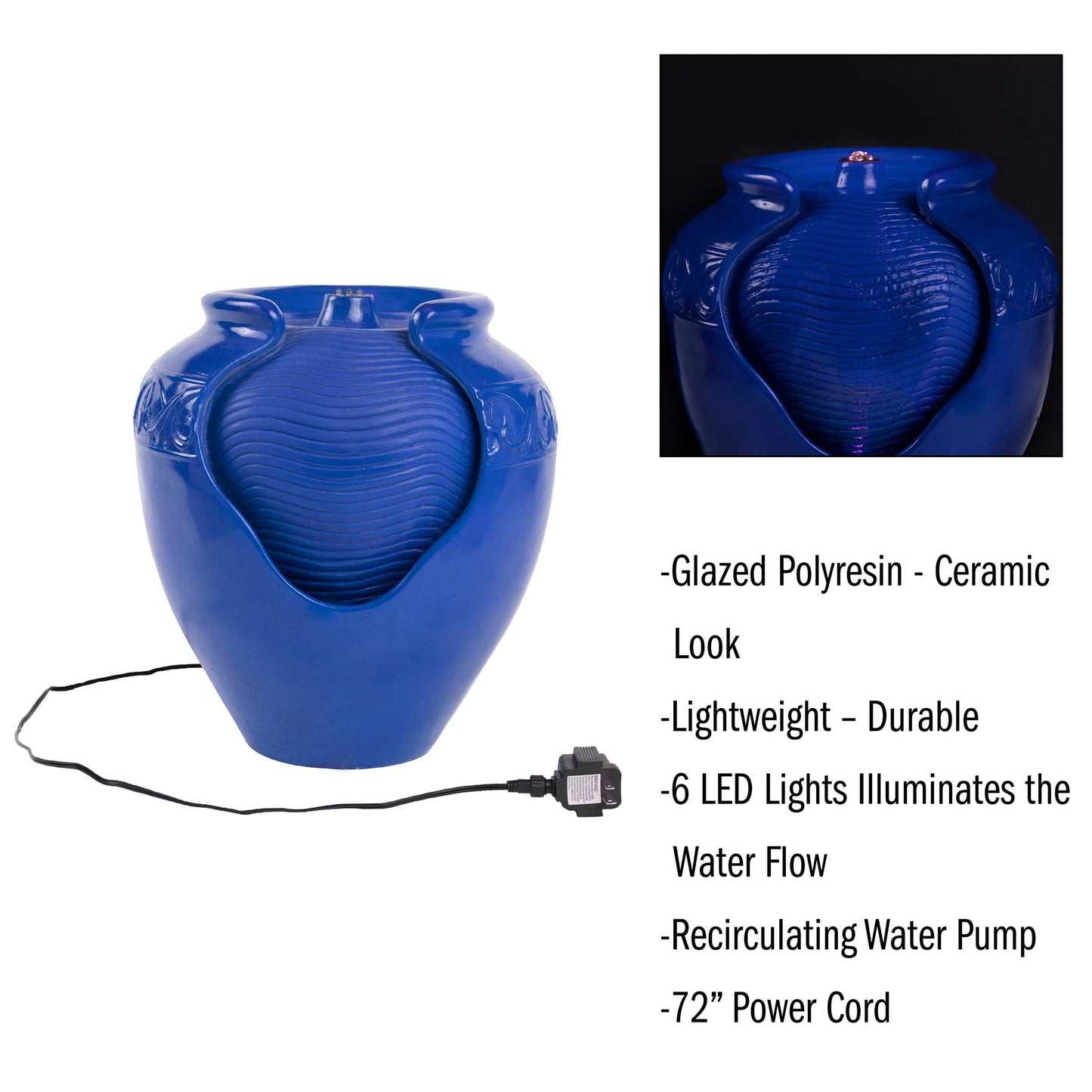 Jar Water Fountain – Indoor or Outdoor Ceramic-Look Glazed Pot Resin Water Feature with Electric Pump and LED Lights by Pure Garden (Cobalt Blue)