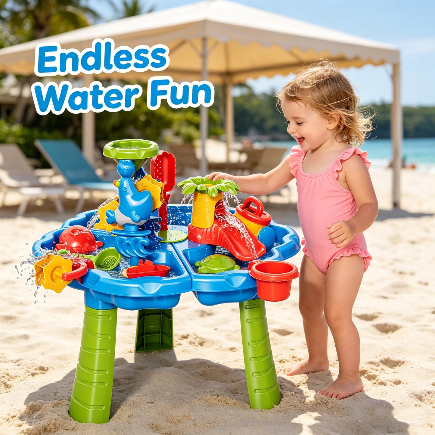 Guminnara 3 in 1 Water Table for Toddlers 1-3 Years, Kids Summer Activity Sensory Play Outdoor Beach Backyard Sand Water Table Toys for Toddlers 18M+, Birthday Gift Toys for Boys Girls