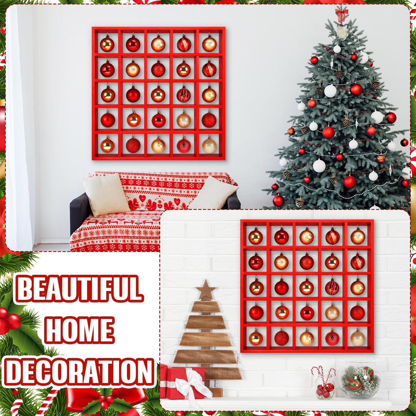 Cinnvoice Christmas Holiday Ornament Displays Rack Wooden Hanging Stand Holder Hanger for Christmas Ball Display Shelf Cabinet for Craft DIY Wall Decorations Gift (Red,25 Compartment)