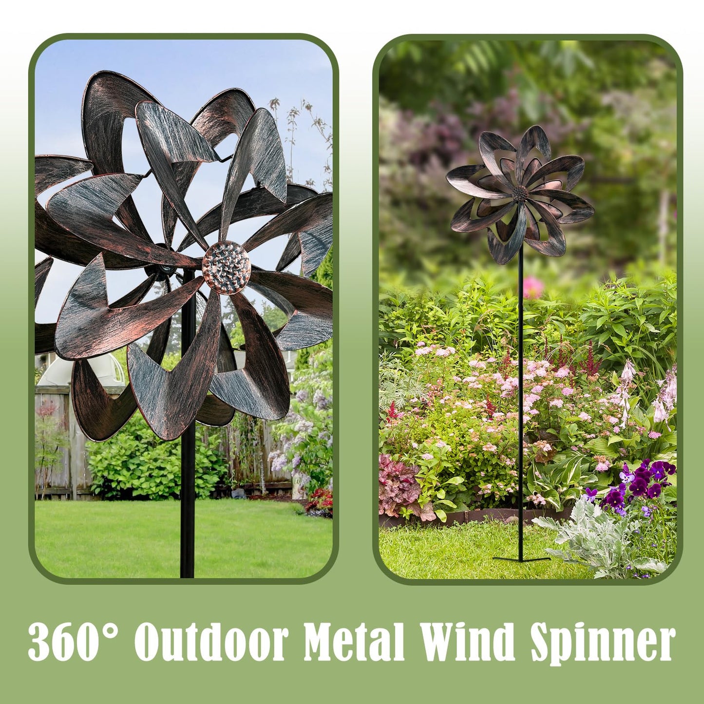 THESEATOP 74’’ Wind Spinner Outdoor for Yard and Garden, Double-Sided Large Metal Kinetic Wind Spinner with Classical Design, Stable 3-Prong Stake, Yard Art Decor for Patio Lawn (Bronze)