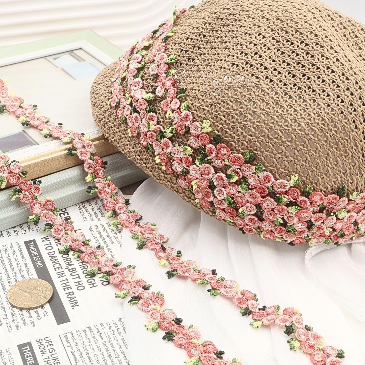 Bijou Joon 16 Yards Skin Pink Lace Trim Ribbon Floral Ribbon Floral Pattern Embroidered Lace Trim Applique DIY for Sewing Edge Craft Decorative Vestidos Garment Wedding Dresses Embellishment