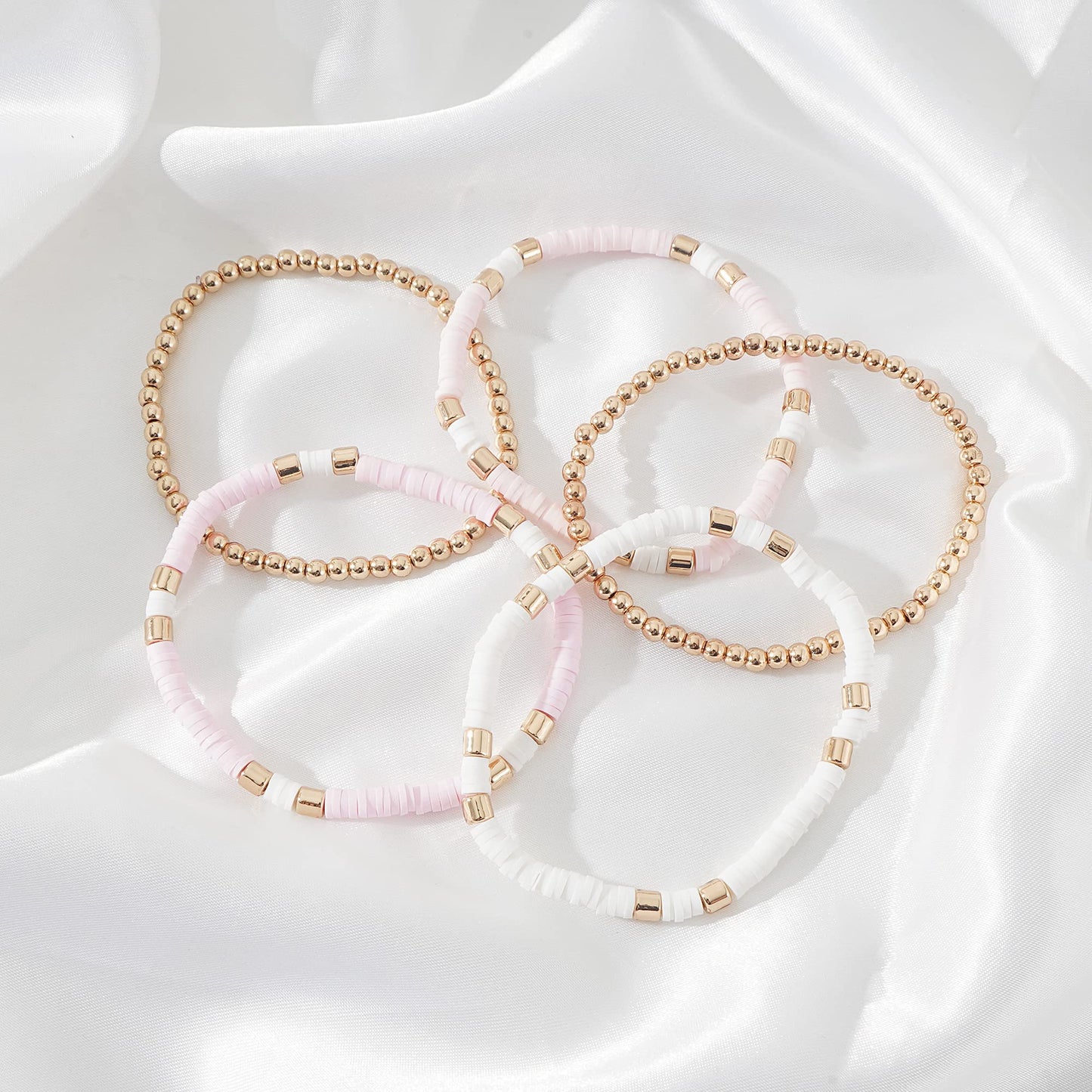GOOJIDS Surfer Heishi Clay Bead Bracelets for Women Bohemian Stackable Gold Plated Beaded Stretch Bracelets Elastic Layering Friendship Bracelets Set Boho Jewelry