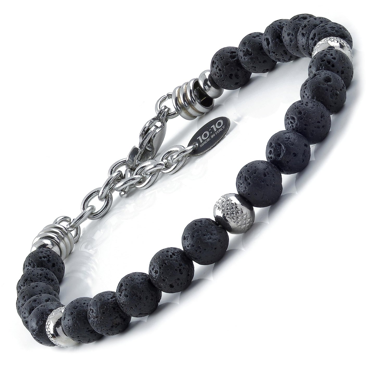 10:10 Lava Stone Bracelet for Men & Women – Natural Beaded Gemstones, Stainless Steel, Adjustable Stretch – Handmade in Italy
