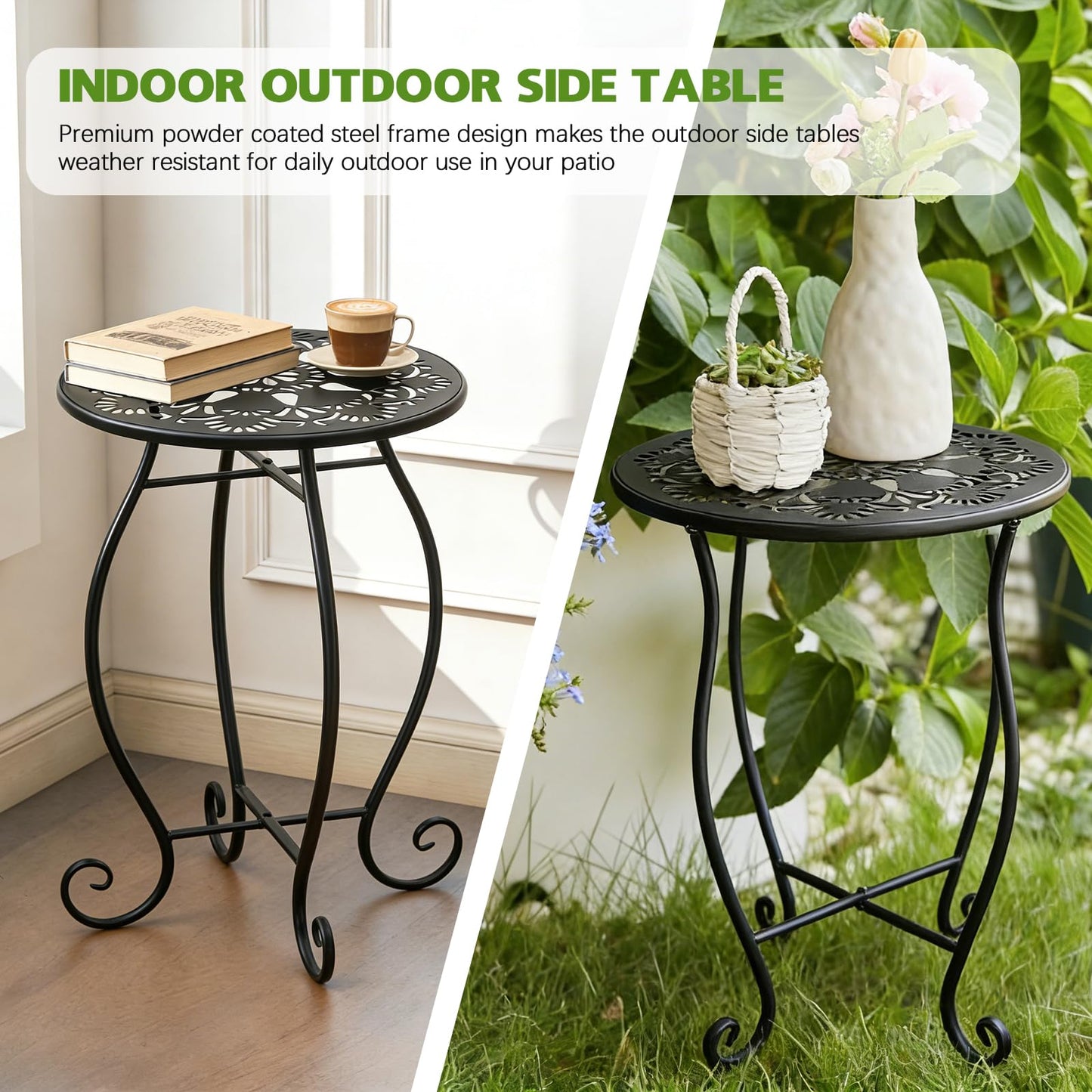 Arbuxzuy 3 Packs 17" Tall Round Metal Outdoor Side Tables for Patio, Decorative Black Flower Pot Stand, Rustproof Potted Holder, 120 lbs Load Capacity