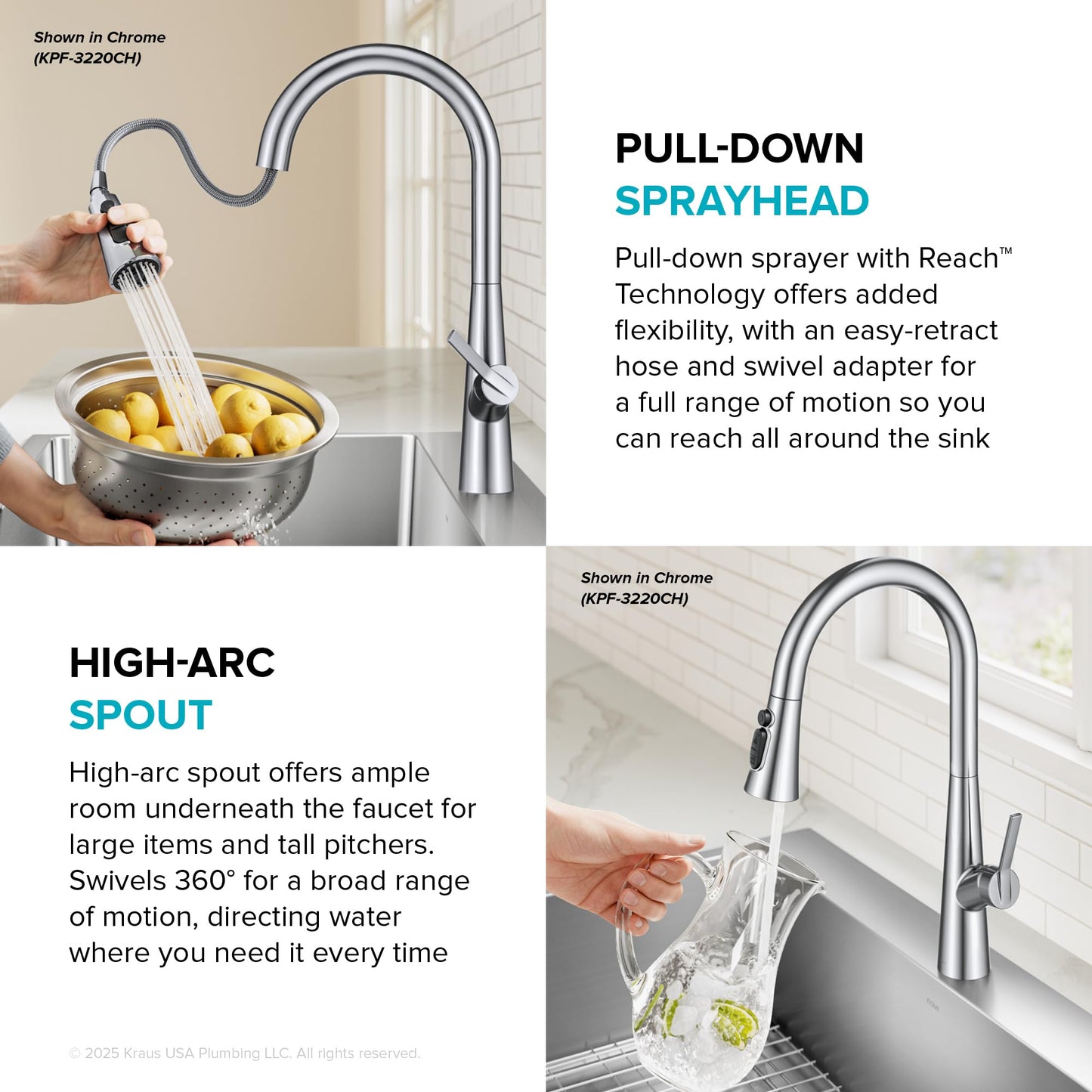 KRAUS Odelia 4-Function Single Handle Pull Down Kitchen Faucet in Spot-Free Stainless Steel with CleanSweep Blade Spray, KPF-3220SFS