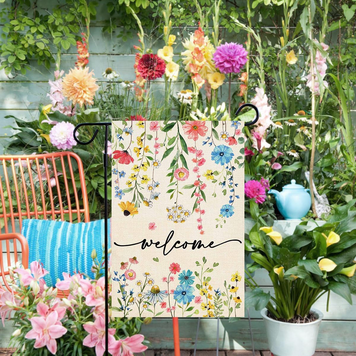 Baccessor Spring Welcome Floral Garden Flag 12.5x18 Inch Double Sided Summer Flower Yard Flag Outside Outdoor Seasonal Burlap Funny Flowers Flags Home Patio Decoration