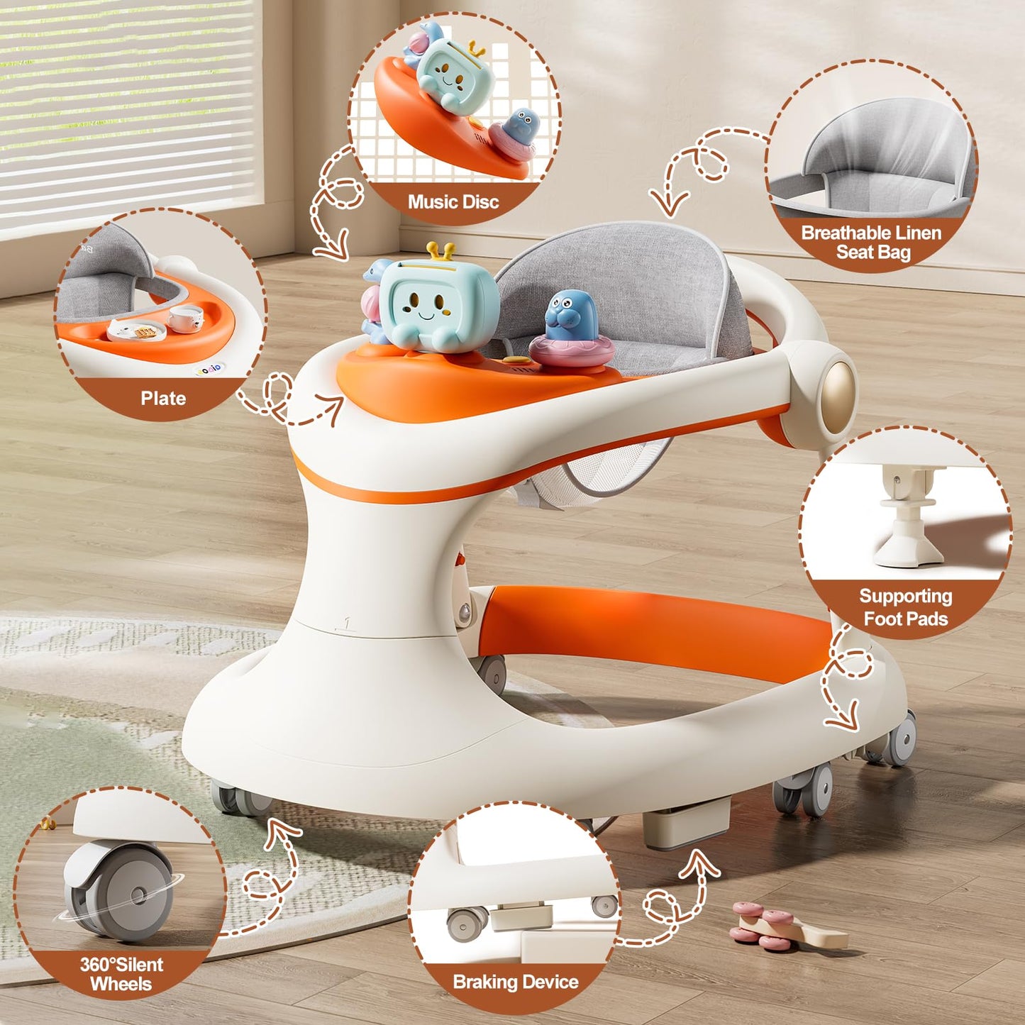 Baby Walker with Wheels, 5-in-1 Foldable Baby Walker for Boys and Girls 7-18 Months with Adjustable Height Detachable Seat and Music Tray Baby Activity Walker, Anti-Fall Activity Center for Boys Girls