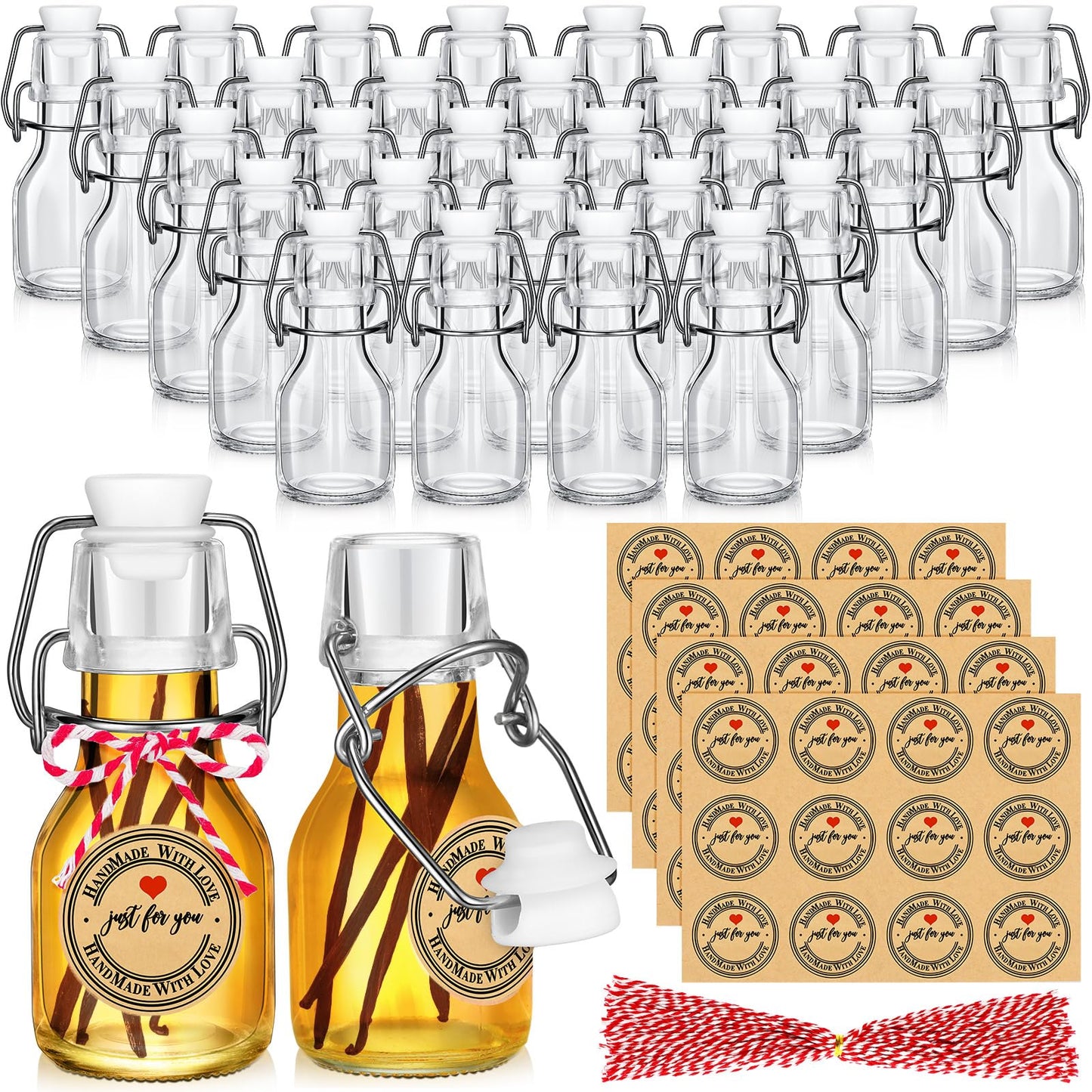 FoldTier 48 Pcs Mini Flip Top Glass Bottle Flip Top for Homemade Vanilla Limoncello Extract Bottles with Caps Stickers for Holiday DIY Crafts Wedding Baby Shower Favors(2 oz)