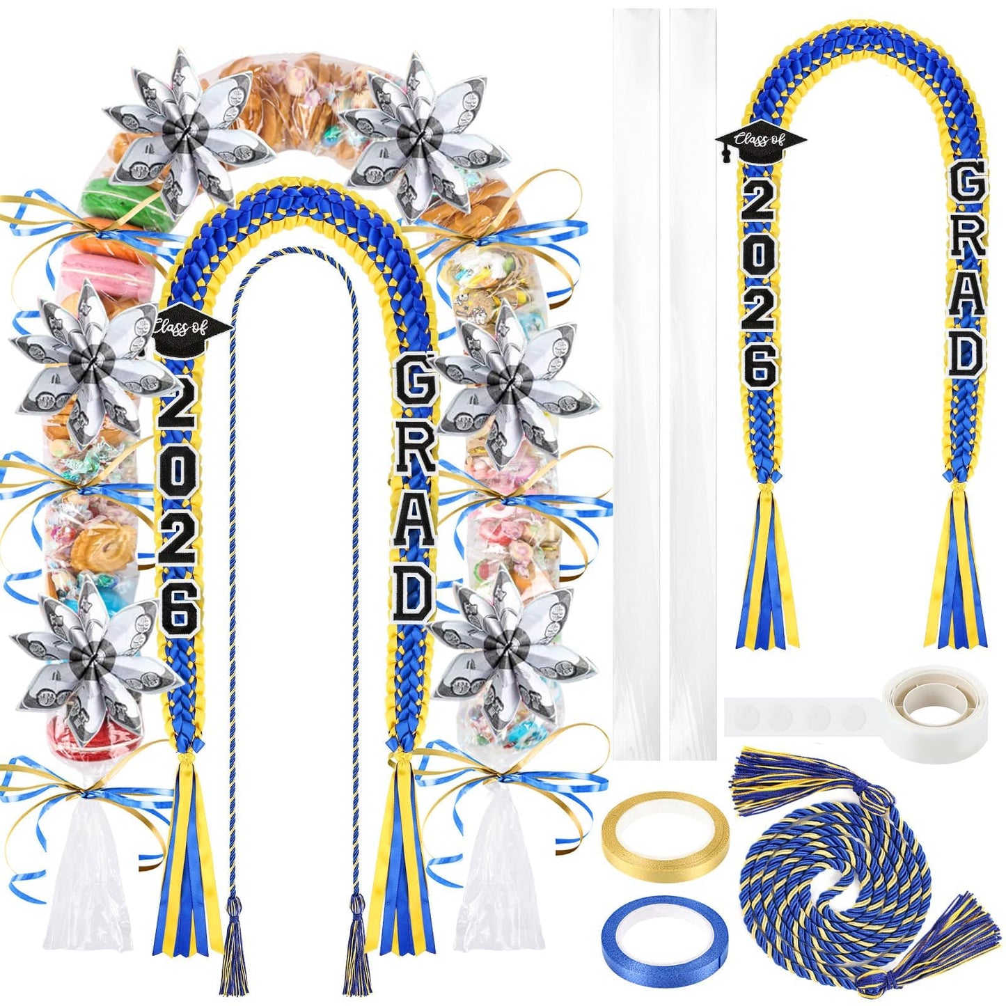 YLOLUL 16 Pcs Graduation Leis 2026 Graduation Candy Lei Kit with Honor Cord Class of 2026 Graduation Ribbon Money Lays Necklace Graduation Gift Party Accessories for Women Men