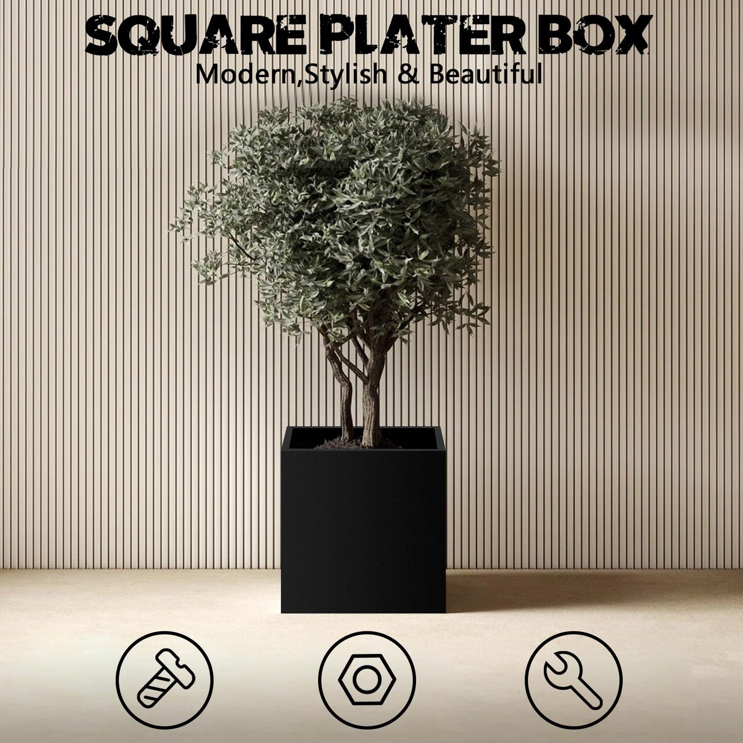 VEVIVOOVY Heavy Duty Steel Planter Box (26"x26"x26"),Square Tall Planter Modern Detached for Indoor & Outdoor Planters Cube,Black Flower Plant Pot for Commercial Residential for Patio Deck & Backyard