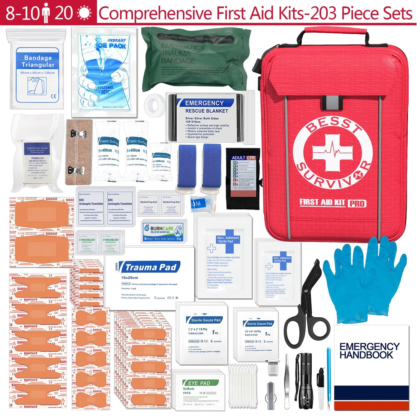 Besst Survivor Comprehensive First Aid Kit -Labeled Compartments for Trauma & Emergencies, Compact Emergency Kits for Car, Boats, Camping, Hurricanes and Outdoor Emergencies Survival -265 Piece