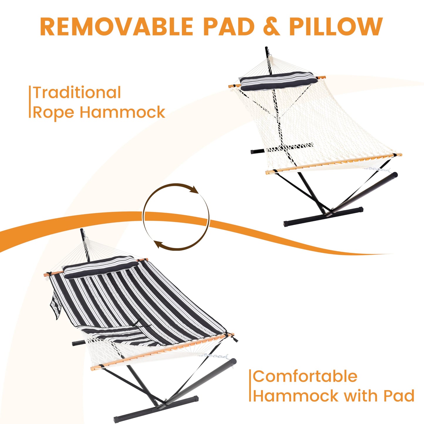 Lazy Daze Hammocks 2 Person Portable Hammock with 12FT Stand, Double Hand Woven Cotton Rope Hammock with Detachable Quilted Pad & Pillow for Outside, 450lb Capacity, Black White Stripes