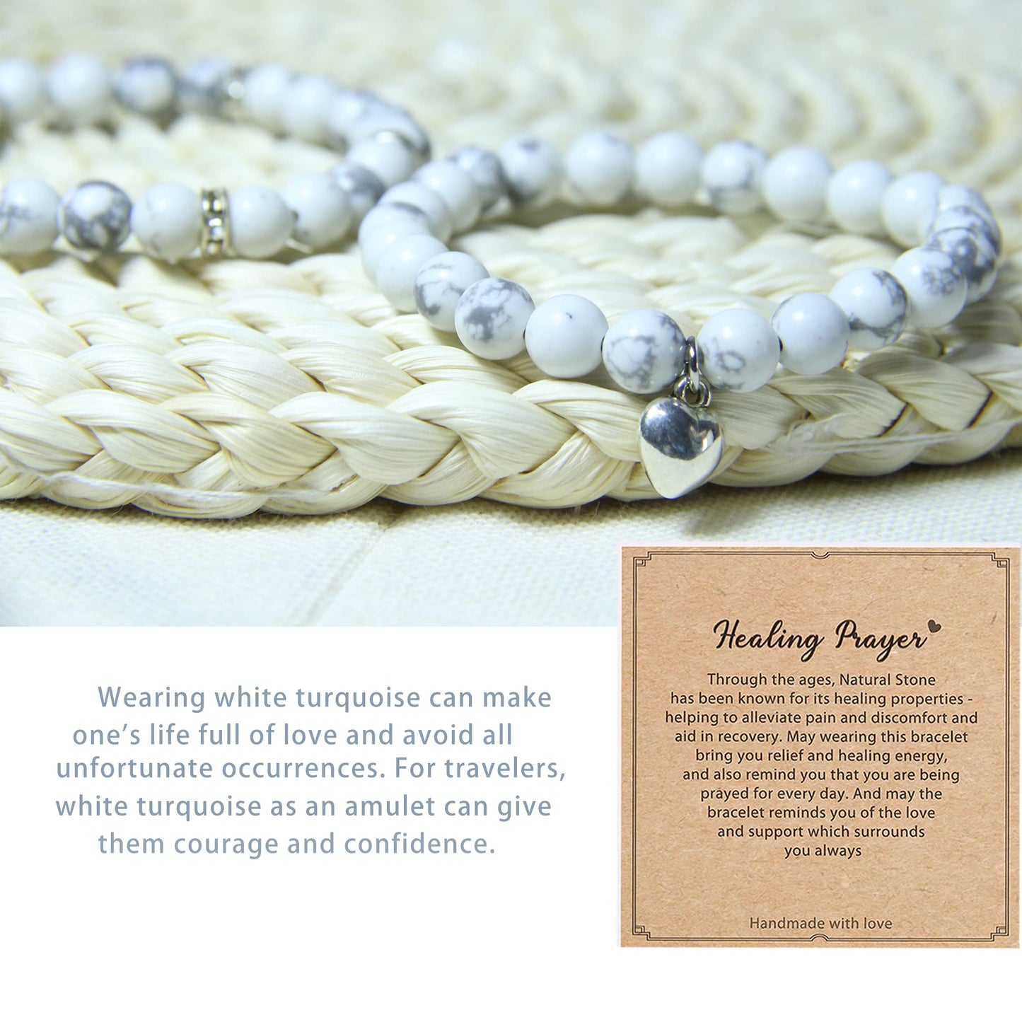 GDLKPYHS Healing Bracelets for Women - White Turquoise Bracelet - Healing Prayers Crystal Bracelet, 8mm Natural Stone Stress Relief Yoga Beads Get Well Soon Gifts