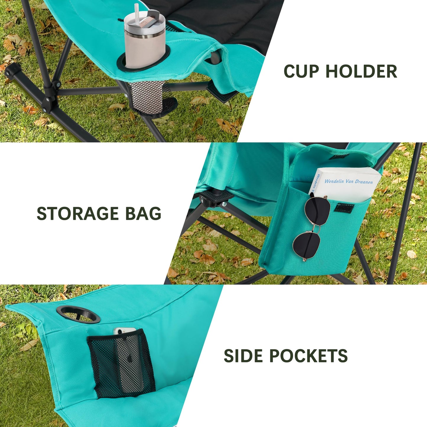 Unisakey Oversized Rocking Camping Chair with Headrest & Cup Holder - 400lbs Capacity, 600D Oxford Fabric, Easy Fold Portable Outdoor Rocker Chair for Camping, Backyard, Beach, Blackgreen