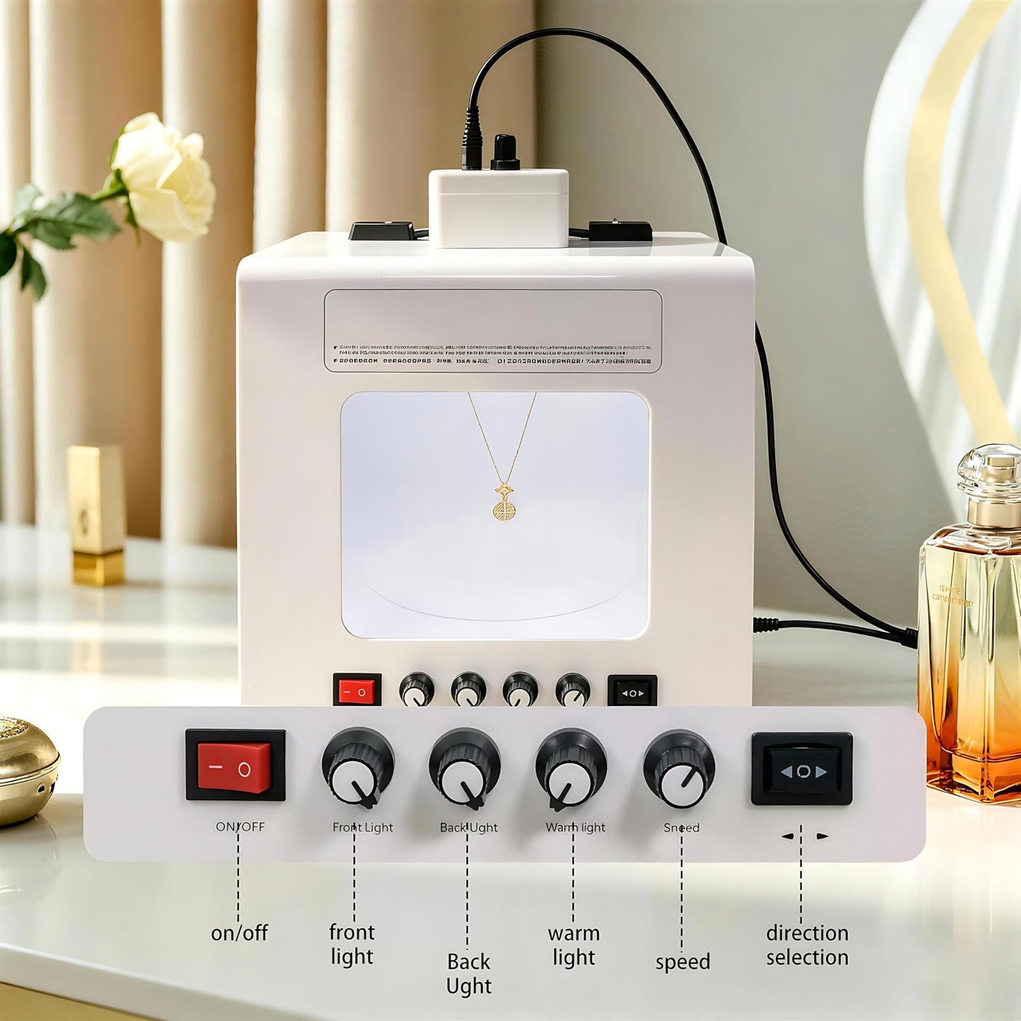 QIUNAOZI Professional Jewelry Photography Light Box Kit. Jewelry Photo Light Box, 4pcs Fill Lights, with 360° Electric Rotating Feature, Support Jewelry Hanging or Placing White-TB30