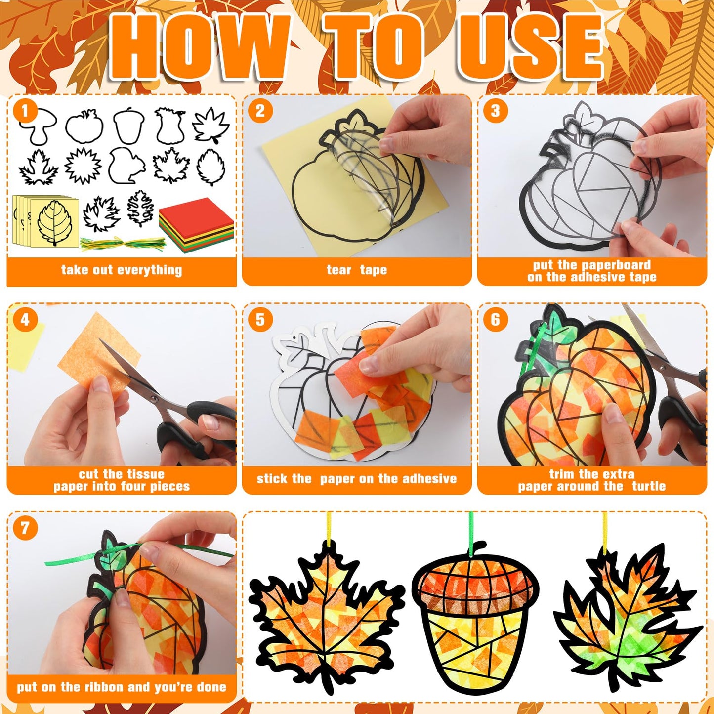 AmazingSpark 36 Set Thanksgiving Harvest Fall Suncatcher Paper Crafts Kit DIY Autumn Leaf Pumpkin Stained Glass Effect Tissue Paper Hanging Suncatchers Decor for Autumn Festival Art Party Supplies