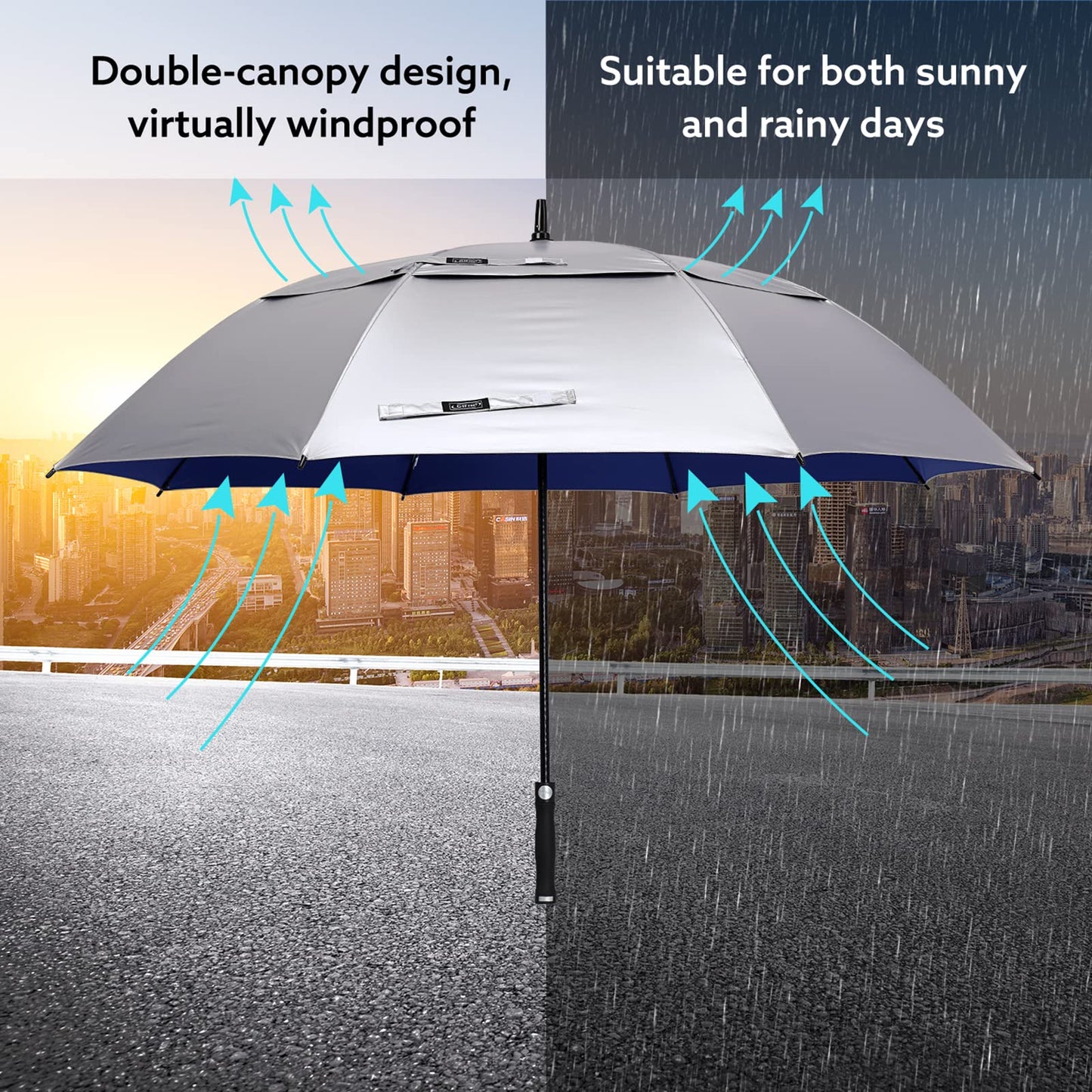 G4Free Vented UV Golf/Beach Umbrella 68" Arc, Auto Open Oversize Extra Large Windproof Sun Shade Rain Umbrellas(Silver/Blue)