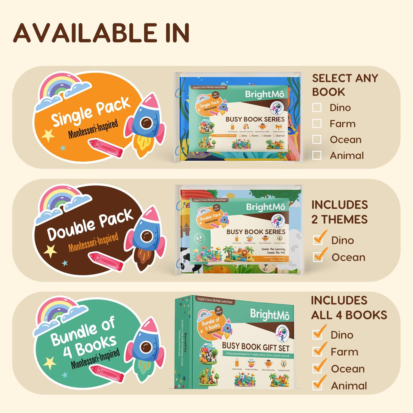 BrightMō Montessori Busy Book Set (4-in-1) – Preschool Learning Activities for Ages 3+, Fine Motor Skills, Travel Activity Kit, Dinosaur Farm Ocean Animal Themes