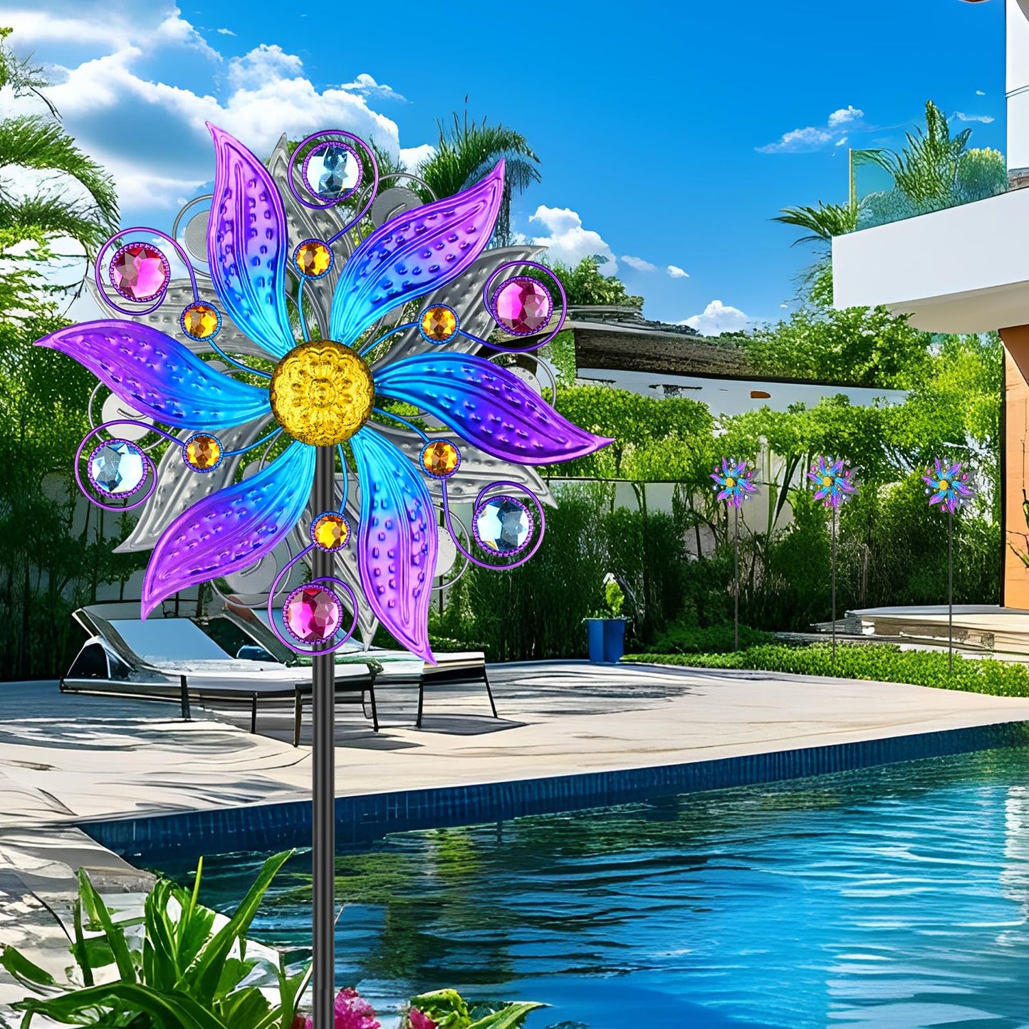 Jusimux Metal Wind Spinner Outdoor, Purple Flowers Wind Sculpture Spinners with Metal Stake, Yard Art Decor for Patio, Lawn & Garden, Creative Gifts 57.5 * 13.3 Inch