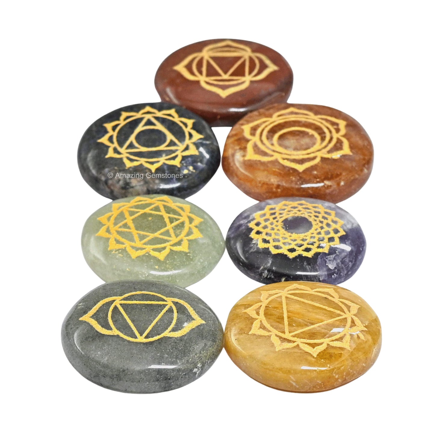Amazing Gemstone 7 Chakra Set Reiki Healing Crystal with Engraved Chakra Symbols - Chakra Balancing Polished Palm Stones Set with Velvet Pouch