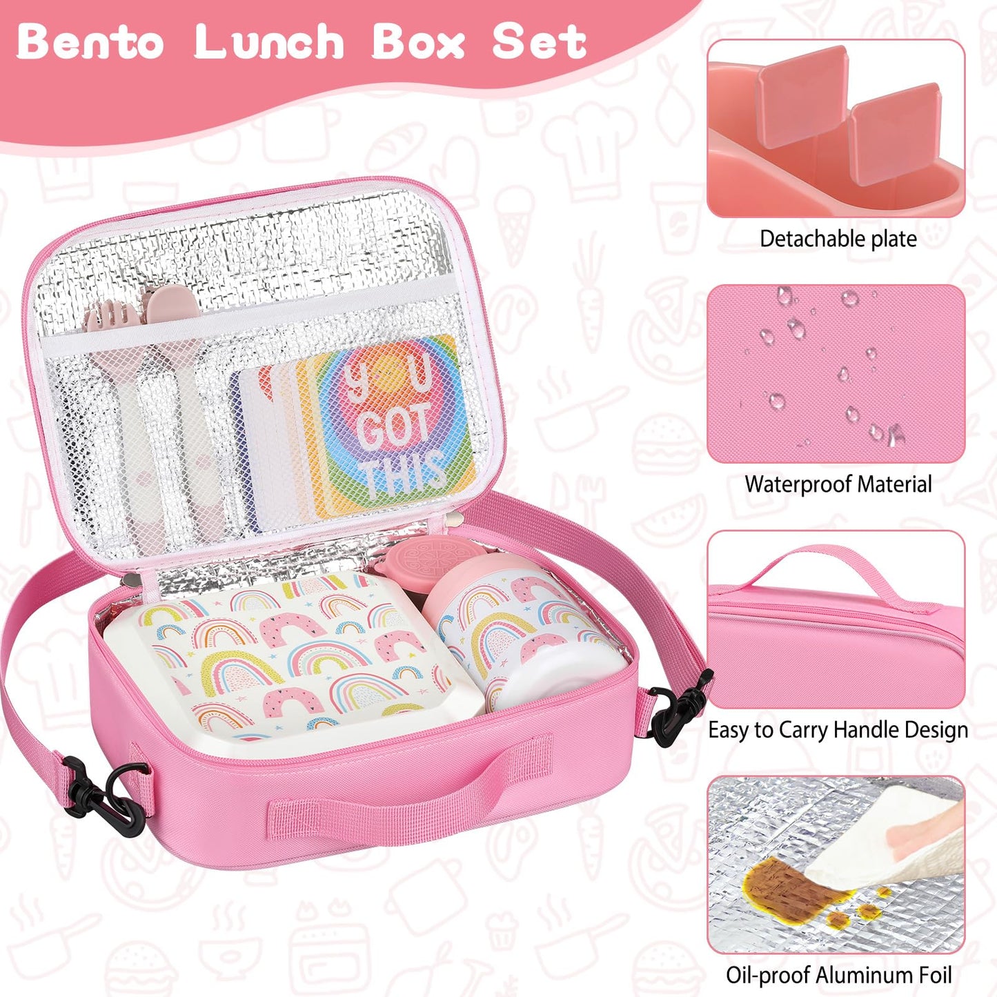 wiwens Bento Lunch Box for Kids with 12oz Soup Thermo Leak-Proof Lunch Food Container with 5 Compartment Thermo Hot Food Jar and Insulated Lunch Bag for Kid Toddler Girls Boys to School