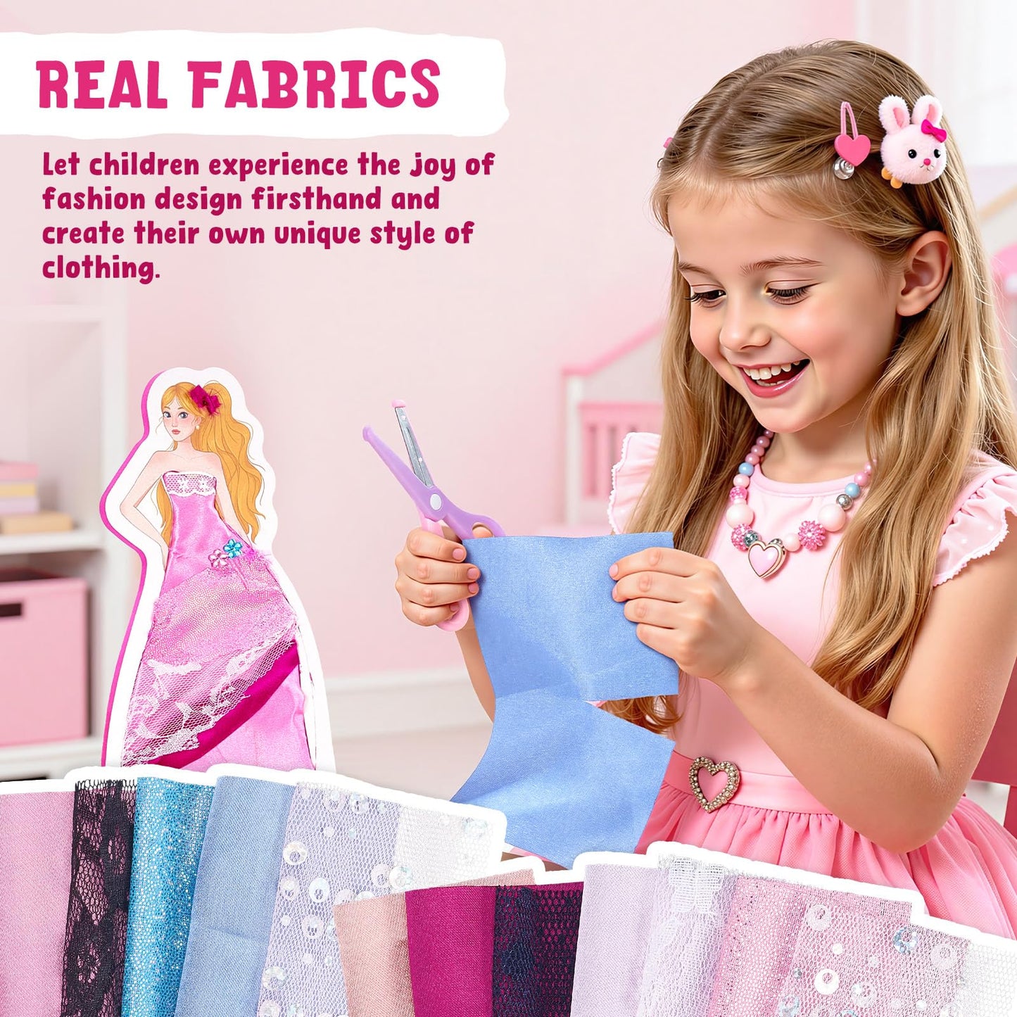 Poke-in Fashion Designer Kit for Girls, No-Sew DIY Craft Toys with 6 EVA Mannequins & Real Fabric, Safe & Non-Toxic Creative Dress Up Activity, Mess-Free Arts and Crafts Gift for Girls Age 5-12