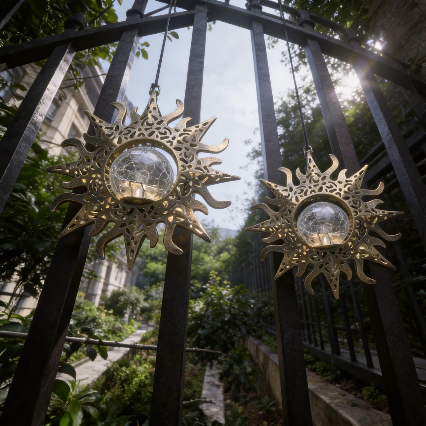 QCF Hanging Solar Sun Lights Outdoor Waterproof Decor, 2 Pack Metal Daystar Shell & Glass LED Globe Lanterns for Garden, Backyard, Balcony, Patio, Tree, Wall, Mother's Day Gifts for Women Mom