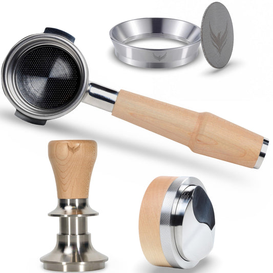 KNODOS 58mm Espresso Tool Set for Breville Dual Boiler, Oracle Jet, and Oracle Touch: Maple Bottomless Portafilter, Calibrated Tamper, Dosing Funnel with Puck Screen, and Adjustable Distributor