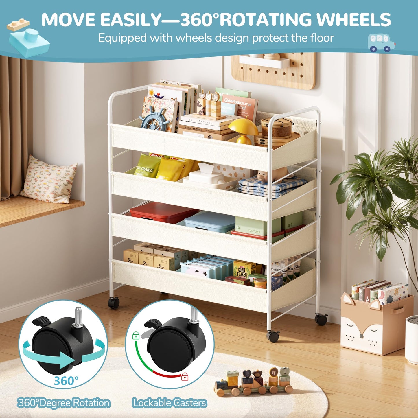 Kids Toy Storage Organizer with 4 Shelves and Wheels,White-Supersized Toy Storage Shelf for Toddlers Ideal for Kids' Rooms,and Nurseries,Toddler Furniture for Boys and Girls Ages