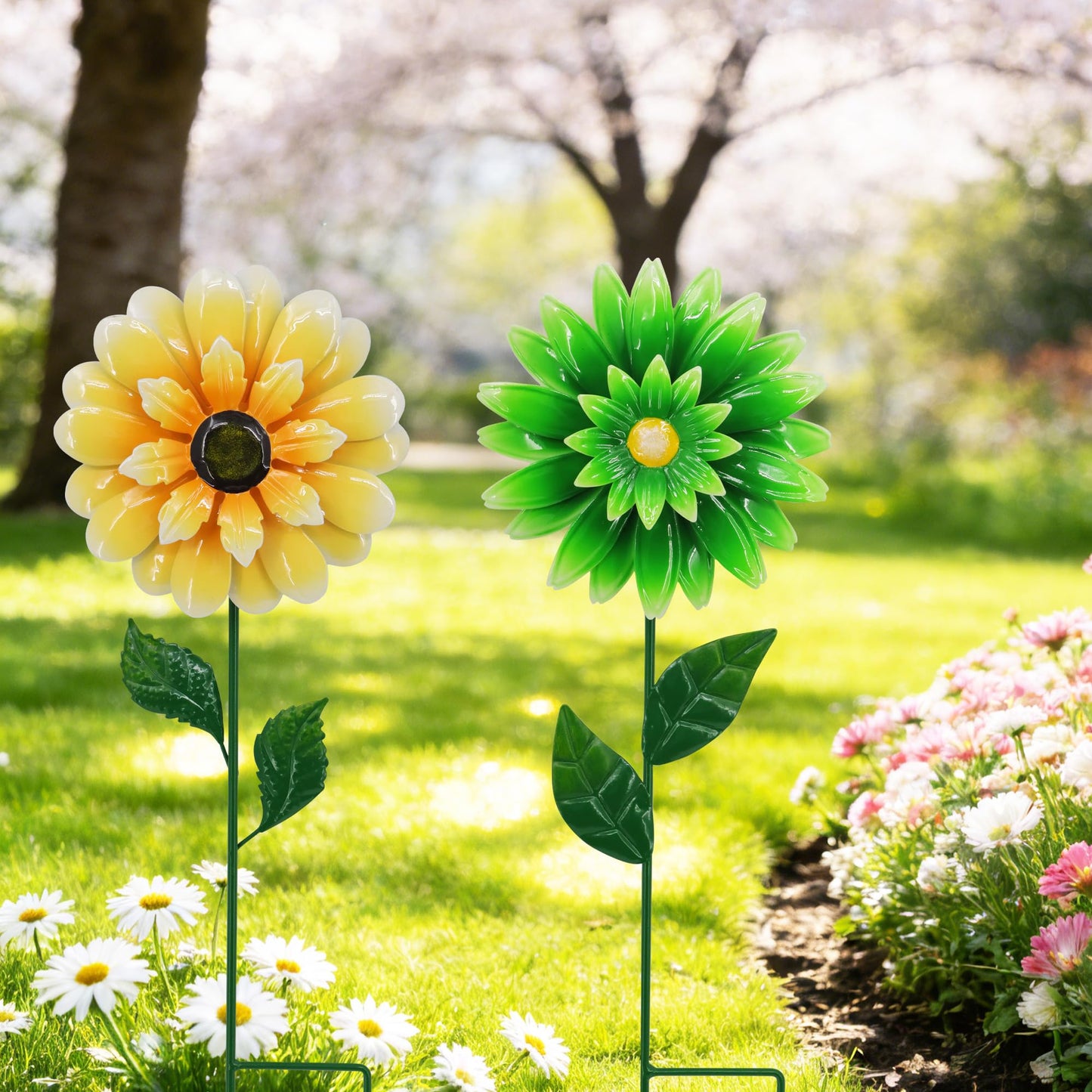Metal Retro Flower Wind Spinner Art, Guangxie Yard Decorations Outdoor - 2 Pack for Outdoor, Patio, Backyard and Flower Bed Spring Decor (Yellow & Green)