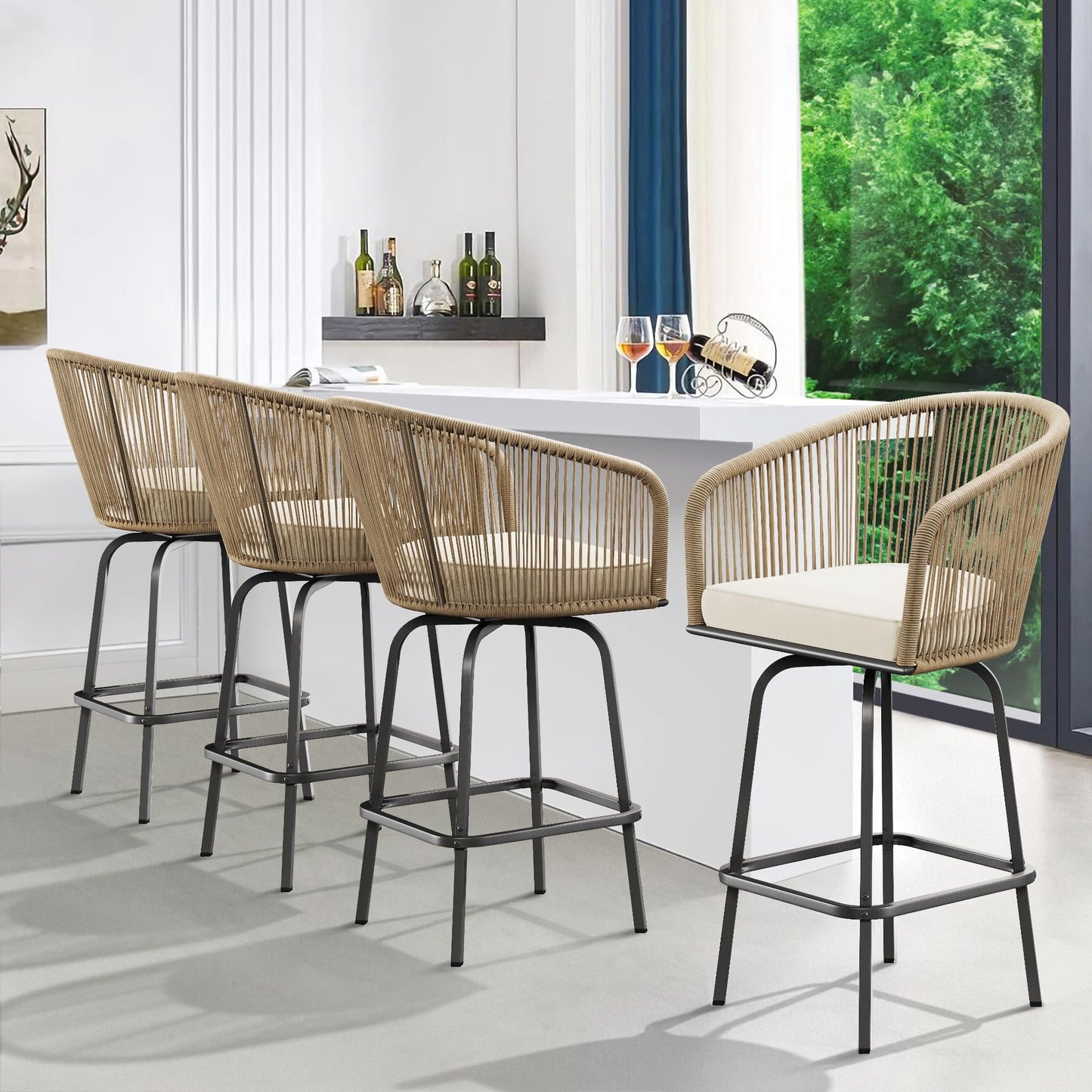 YITAHOME Counter Height Bar Stools Set of 4, Outdoor Bar Stools with Soft Cushions, Patio Rattan Swivel Bar Chairs for Backyard Poolside, Garden w /360 Rotation (Beige)