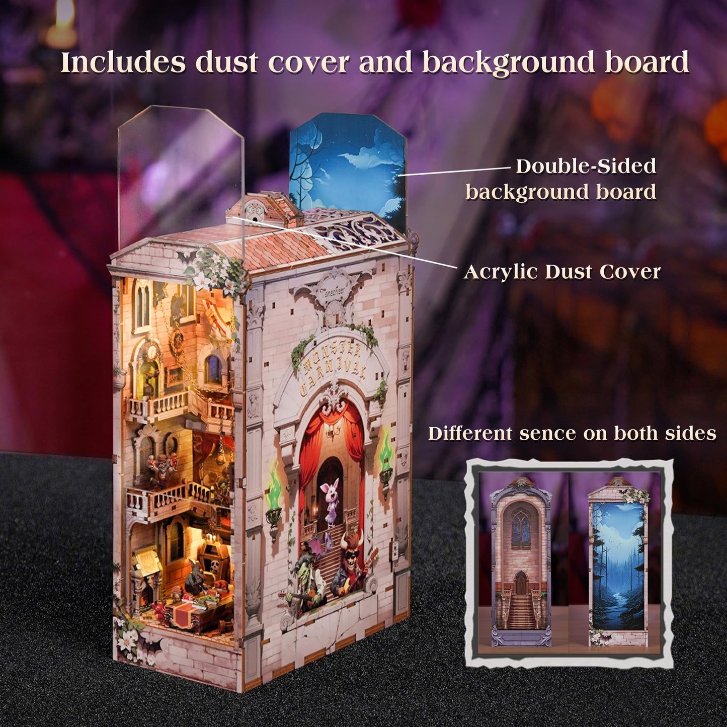 Tonecheer DIY Book Nook Kit for Adults, Double-Sided Booknook Wooden 3D Puzzle Bookend Miniature House Kit, Fantasy Bookshelf Decor with Dust Cover and LED Light for Birthday Gifts (Monster Carnival)