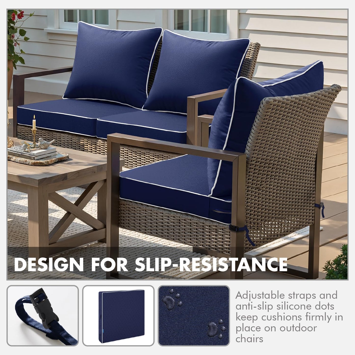 MIULEE Navy Outdoor Seat Cushion 24x24 Inch Set of 2 Waterproof & 3 Year Fade Resistant Deep Seat and Back Cushion for Patio Furniture Chair Sofa Couch with Handle and Adjustable Straps